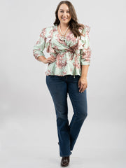 American Bling Women Floral Print Ruffle 3/4 Sleeve Wrap Plus Size Blouse AB-TS1013