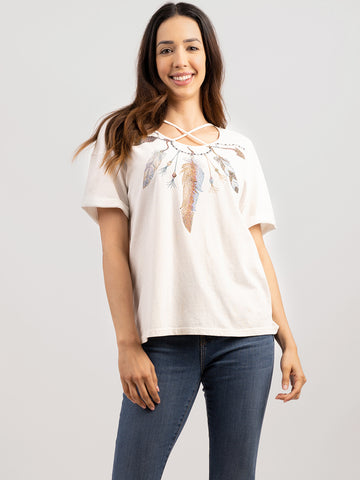 Delila Women Mineral Wash Feather Print Short Sleeve Tee DL-T025