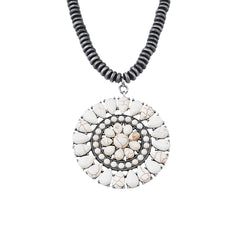 NKS220926-15SWT Silver Beads With White-Turquoise Stone Round Floral Shape Necklace