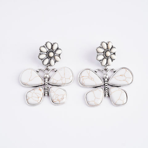 ER221015-06  Silver Base White Turquoise Stone Flower Butterfly Shape Dangling Earring