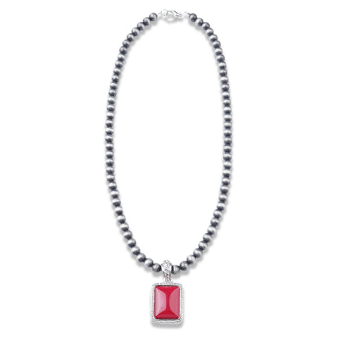 NK070112-06 Silver Beads With Red Rhinestone Rectangle Shape Pendant Necklace