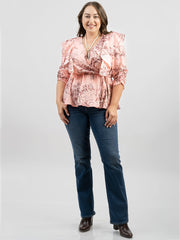 American Bling Women Floral Print Ruffle 3/4 Sleeve Wrap Plus Size Blouse AB-TS1013（Prepack 6 Pcs）