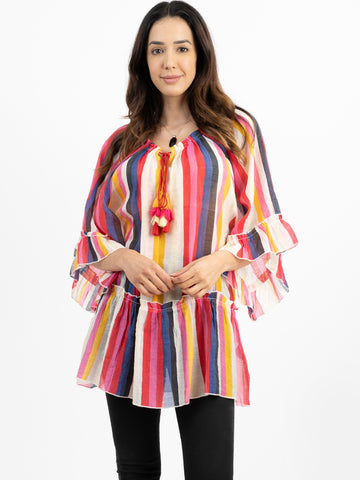 American Bling Women Multi Stripe Round Neck With Tie Tassel Blouse AB-T1031（Prepack 6 Pcs）