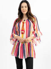 American Bling Women Multi Stripe Round Neck With Tie Tassel Blouse AB-T1031（Prepack 6 Pcs）