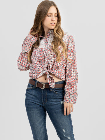 American Bling Women Floral Printed Contarst Lace Cowgirl Shirt  AB-TS1033（Prepack 6 Pcs）
