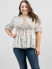 American Bling Women Shirred Floral Print Peplum Waist Plus Size Blouse AB-TS1002