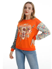 American Bling Women Vintage Bull Skull Aztec Style Sweatshirt AB-H2008 (Prepack 7 Pcs)