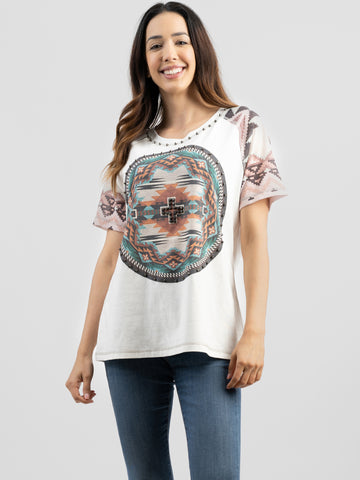 Delila Women Mineral Wash Aztec Print Short Sleeve Tee DL-T039