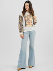 Women's Studded "101 Ranch Wild West" Graphic Print Distressed Long Sleeve Sweatshirt DL-T079