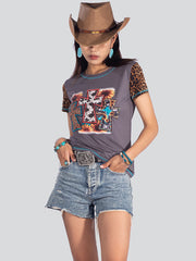 American Bling Women Cross Leopard Print Short Sleeve Shirt AB-T6001（Prepack 8 Pcs）