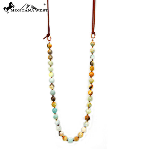 N0531  36" Hand-Knotted 12MM Faced Cutting Amazonite beads With Dark Brown Suede Necklace