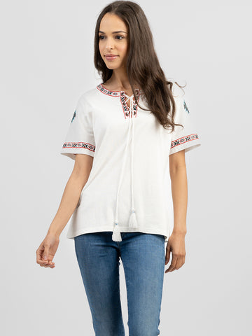 Delila Women Mineral Wash Embroidered Aztec Graphic Short Sleeve Tee DL-T090（Prepack 7 Pcs）