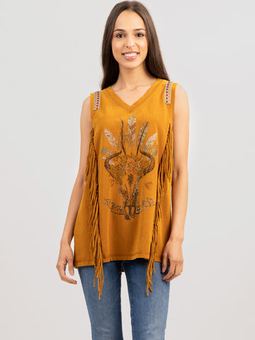 Delila Women Mineral Wash Retro Bull Graphic Fringe Tee DL-T026（Prepack 4 Pcs）