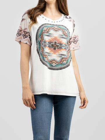 Delila Women Mineral Wash Aztec Print Short Sleeve Tee DL-T039