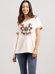 Delila Women Mineral Wash Floral Embroidered Patchwork Short Sleeve Shirt DL-T017