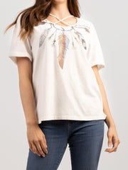Delila Women Mineral Wash Feather Print Short Sleeve Tee DL-T025
