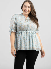 American Bling Women Shirred Floral Print Peplum Waist Plus Size Blouse AB-TS1002