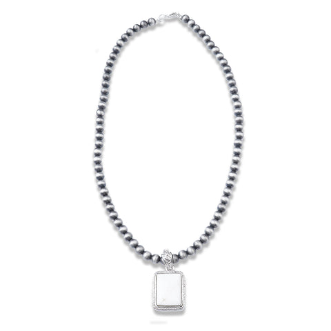 NK070112-06 Silver Beads With White Rhinestone Rectangle Shape Pendant Necklace