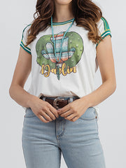 Delila Women Mineral Wash Contrast Stitched Cactus Graphic Print Short Sleeve Tee DL-T066（Prepack 7 Pcs）