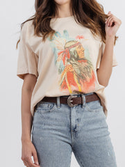 American Bling Women Mineral Wash "Lean Wolf Gros Ventre" Tribal Graphic Short Sleeve Tee AB-T4014（Prepack 7 Pcs）