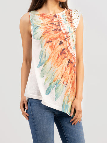 Delila Women's Washed Feather Printed Sleeveless Tank DL-T002