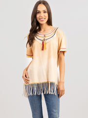 Delila Women Mineral Wash Spray Color Fringe Shirt DL-T089