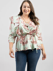 American Bling Women Floral Print Ruffle 3/4 Sleeve Wrap Plus Size Blouse AB-TS1013