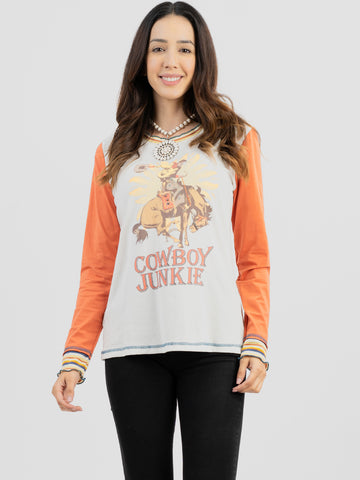 Delila Women Mineral Wash “Cowboy Junkie” Graphic Long Sleeve Shirt DL-T078