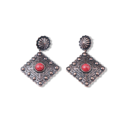 ER190810-02 Red Stone with Bronze Rhombus Shape Earring