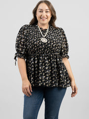 American Bling Women Shirred Floral Print Peplum Waist Plus Size Blouse AB-TS1002