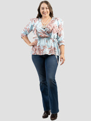 American Bling Women Floral Print Ruffle 3/4 Sleeve Wrap Plus Size Blouse AB-TS1013