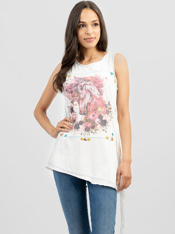 Delila  Women Mineral Wash Hand Stitching Floral Horse Graphic Tassel Sleeveless Tee DL-T024 （Prepack 9 Pcs）