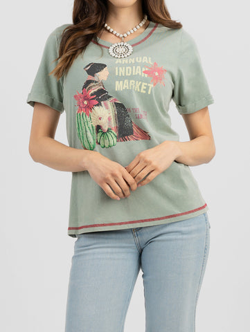 American Bling Women Mineral Wash ''Annual Indian Market'' Graphic Short Sleeve Tee AB-T2108 （Prepack 8 Pcs）