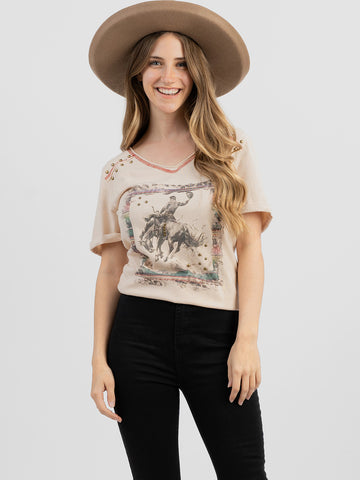 Women Mineral Wash Studded “Rodeo Horse” Graphic Short Sleeve Tee DL-T010