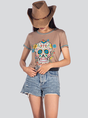 American Bling Women Sugar Skull Short Sleeve Shirt AB-T6002（Prepack 8 Pcs）