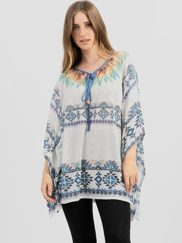 Women's Mineral Wash Aztec Feather Graphic Drop-shoulder Relaxed ¾ Sleeve Tee DL-T005