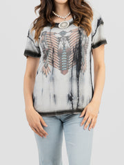 Women's Mineral Wash Constrat Stitched Tribal Feather Graphic Short Sleeve Tee DL-T051