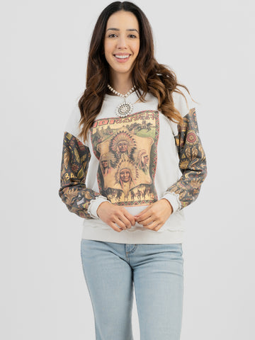 Women's Studded "101 Ranch Wild West" Graphic Print Distressed Long Sleeve Sweatshirt DL-T079