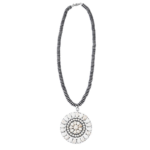 NKS220926-15SWT Silver Beads With White-Turquoise Stone Round Floral Shape Necklace