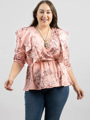 American Bling Women Floral Print Ruffle 3/4 Sleeve Wrap Plus Size Blouse AB-TS1013