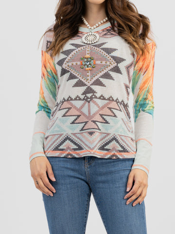 Delila Women Mineral Wash “Aztec” Graphic Long Sleeve Tee DL-T021（Prepack 7 Pcs）