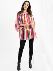 American Bling Women Multi Stripe Round Neck With Tie Tassel Blouse AB-T1031