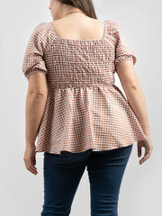 American Bling Women Gingham/Check Fabric Short Puff Sleeve Plus Size Top AB-T1006