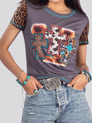 American Bling Women Cross Leopard Print Short Sleeve Shirt AB-T6001（Prepack 8 Pcs）
