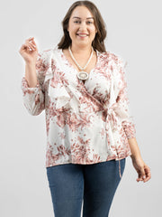 American Bling Women Floral Print Ruffle 3/4 Sleeve Wrap Plus Size Blouse AB-TS1013
