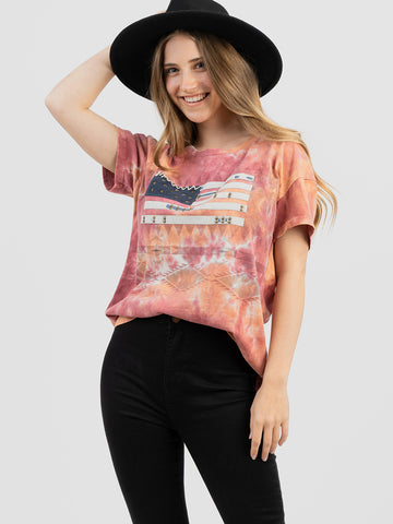 Women's Tie-Dye Hand Stitched Studded Flag Short Sleeve Tee DL-T020