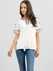 Delila Women Mineral Wash Embroidered Aztec Tie-String Tassel Tee DL-T090