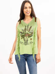 Delila Women Mineral Wash Retro Bull Graphic Fringe Tee DL-T026