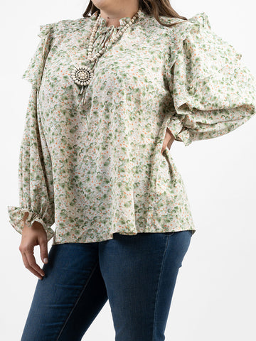 American Bling Women Floral Print Shirred Ruffle Sleeve Plus Size Blouse  AB-TS1003