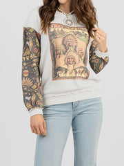 Women's Studded "101 Ranch Wild West" Graphic Print Distressed Long Sleeve Sweatshirt DL-T079